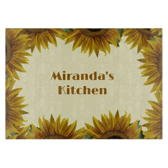 Personalized Sunflower Border Glass Cutting Board (Front)