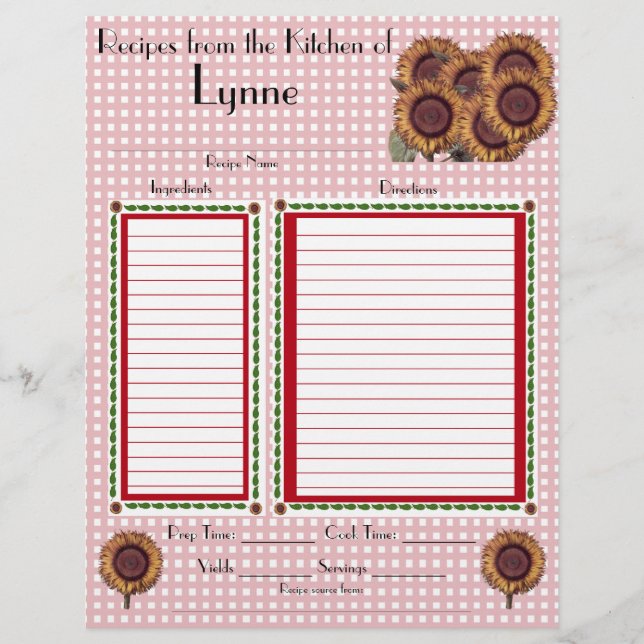 Personalized Sunflower design recipe page (Front)