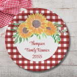 Personalized Sunflower Family Reunion Paper Plate<br><div class="desc">Are you planning a family reunion?
These floral family reunion paper plates will look great on your party table. They are decorated with watercolor sunflowers and foliage on a red check background.
Easily customizable.
Original Watercolor © Michele Davies.</div>