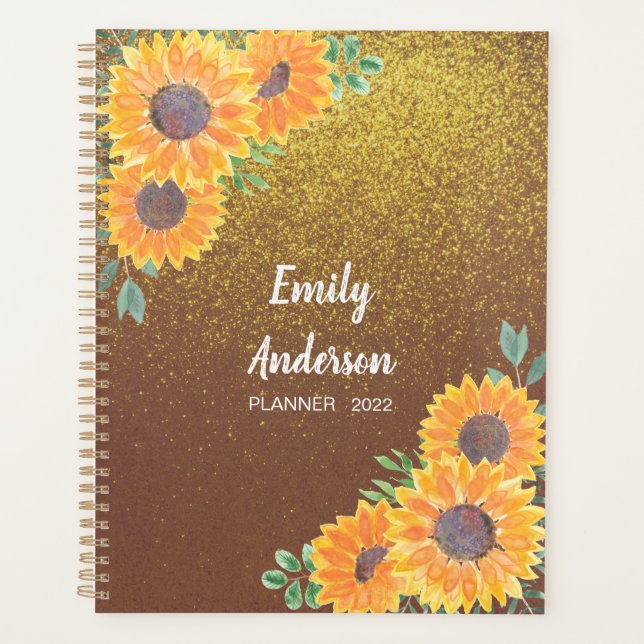 Personalized Sunflower Gold Glitter Planner (Front)