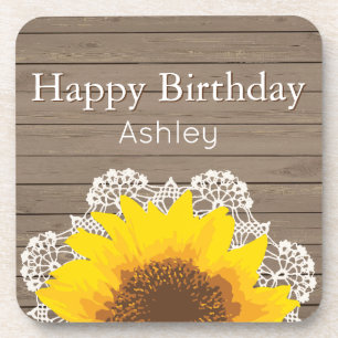 Personalized Sunflower, Lace and Wood Coaster