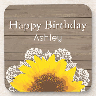 Personalized Sunflower, Lace and Wood Coaster