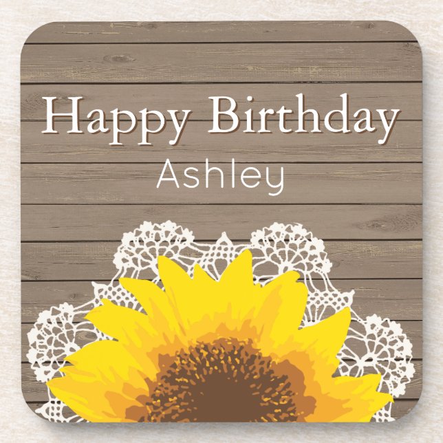Personalized Sunflower, Lace and Wood Coaster (Front)