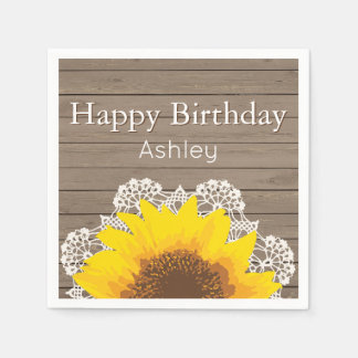 Personalized Sunflower, Lace and Wood Napkin