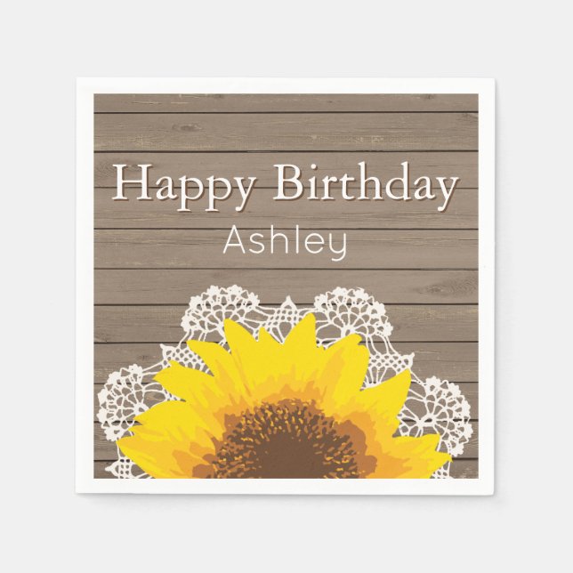 Personalized Sunflower, Lace and Wood Napkin (Front)