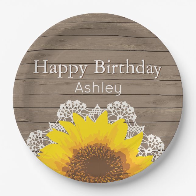 Personalized Sunflower, Lace and Wood Paper Plate (Front)