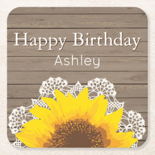 Personalized Sunflower, Lace and Wood Square Paper Coaster