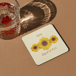 personalized sunflower trio  -   barn wedding square paper coaster