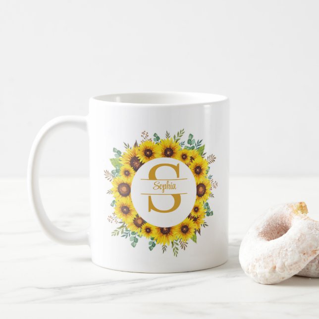 Personalized Sunflower Wreath Monogram & Name Coffee Mug (With Donut)
