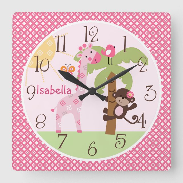 Personalized Sunny Monkey & Giraffe Nursery Clock (Front)
