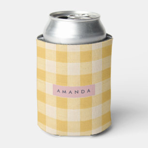 Personalized Sunny Yellow Gingham Plaid  Can Cooler