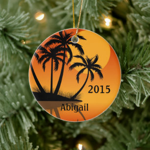 Personalized Sunset and Palm Trees Tropical Beach Ceramic Ornament
