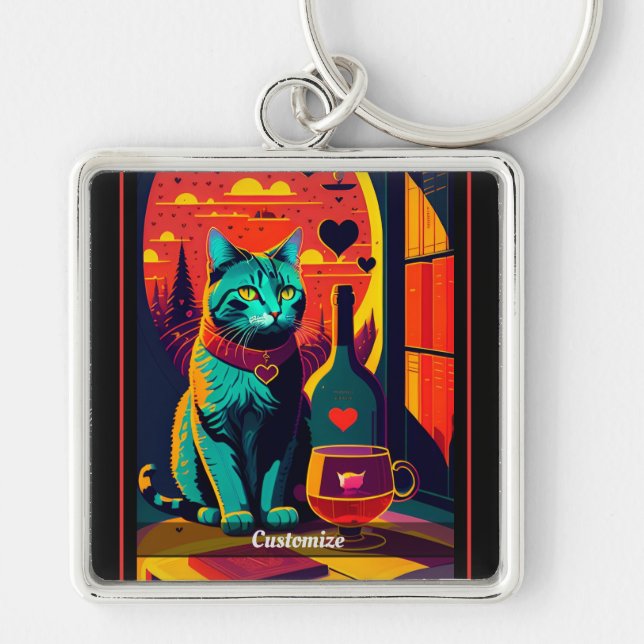 Personalized Sunset Cat Books And Wine  Keychain (Front)