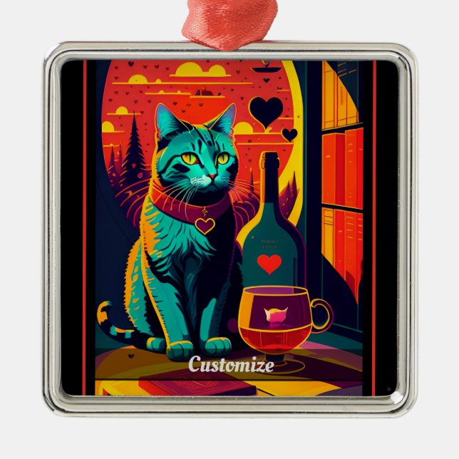 Personalized Sunset Cat Books And Wine  Metal Ornament (Front)