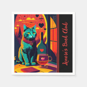 Personalized Sunset Cat Books And Wine  Napkin