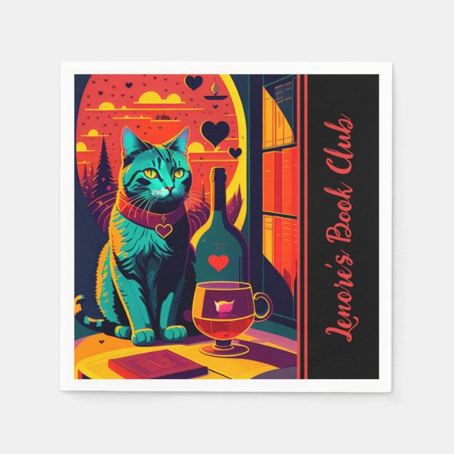 Personalized Sunset Cat Books And Wine  Napkin (Front)