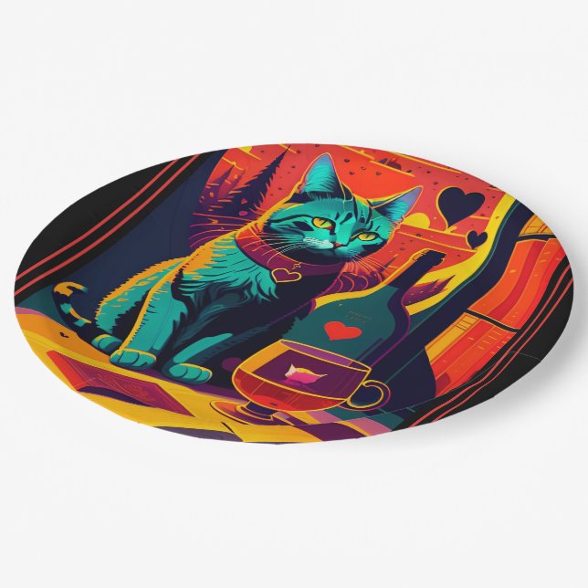 Personalized Sunset Cat Books And Wine  Paper Plate (Angled)