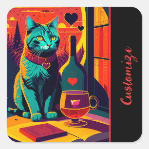 Personalized Sunset Cat Books And Wine Square Sticker