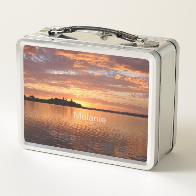 Personalized Sunset Lake View Trinket Metal Lunch Box (Back)