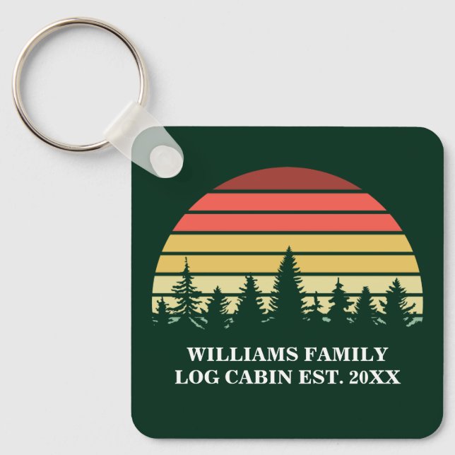 Personalized Sunset Log Cabin Lake House Green Keychain (Front)