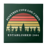 Personalized Sunset Log Cabin Lake House Green Tile<br><div class="desc">Cool custom sunset ceramic tile in beautiful forest green. Cool personalized family lake house decor for your log cabin customized with your last name under the trees.</div>