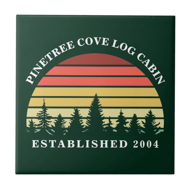 Personalized Sunset Log Cabin Lake House Green Tile (Front)