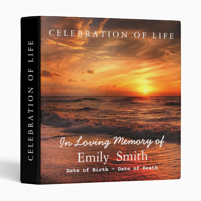 Personalized Sunset Sea Celebration of Life 3 Ring Binder (Front/Spine)