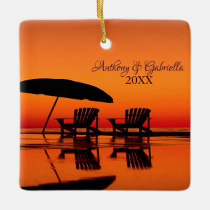 Personalized Sunsetting Beach With Chairs Ornament