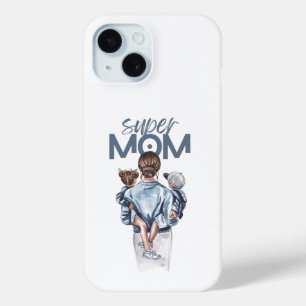Personalized Super Mom with Son and Daughter Gift iPhone 15 Case