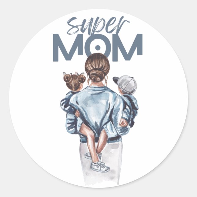 Personalized Super Mom with Son and Daughter Gift Classic Round Sticker (Front)