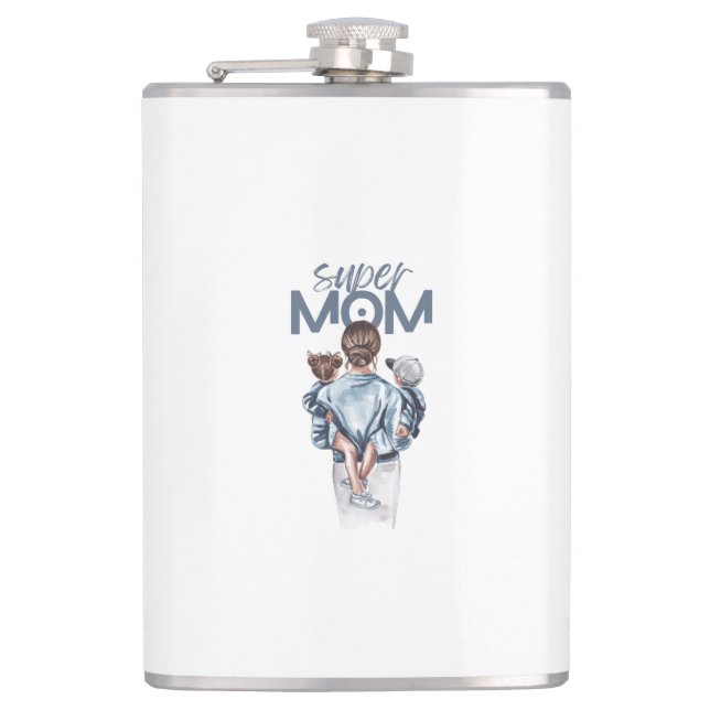 Personalized Super Mom with Son and Daughter Gift Hip Flask (Front)