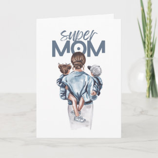Personalized Super Mom with Son and Daughter Gift Holiday Card