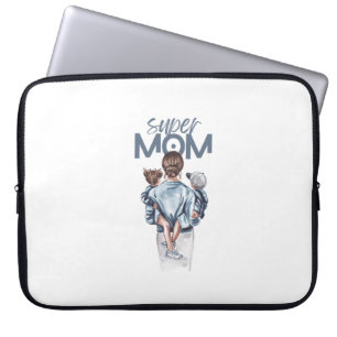 Personalized Super Mom with Son and Daughter Gift Laptop Sleeve