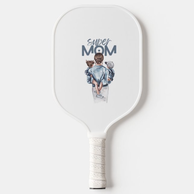 Personalized Super Mom with Son and Daughter Gift Pickleball Paddle (Front)