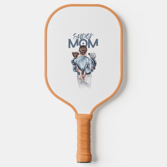 Personalized Super Mom with Son and Daughter Gift Pickleball Paddle (Front)