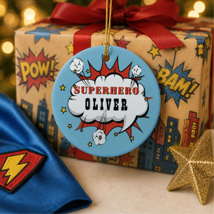 Personalized Superhero Name Christmas Kids Ceramic Ornament