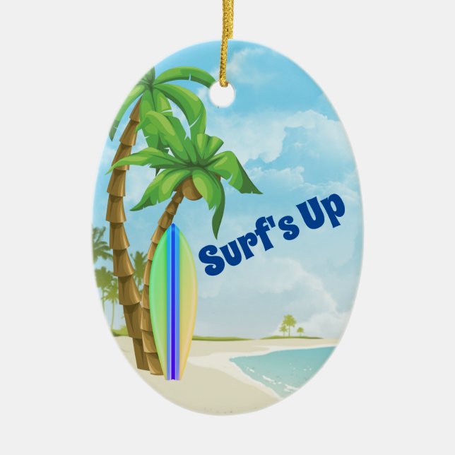Personalized Surfboard Beach Surfing Christmas Ceramic Ornament (Front)