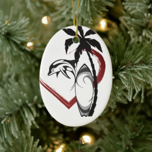 Personalized Surfboard n Dolphin Surfing Christmas Ceramic Ornament