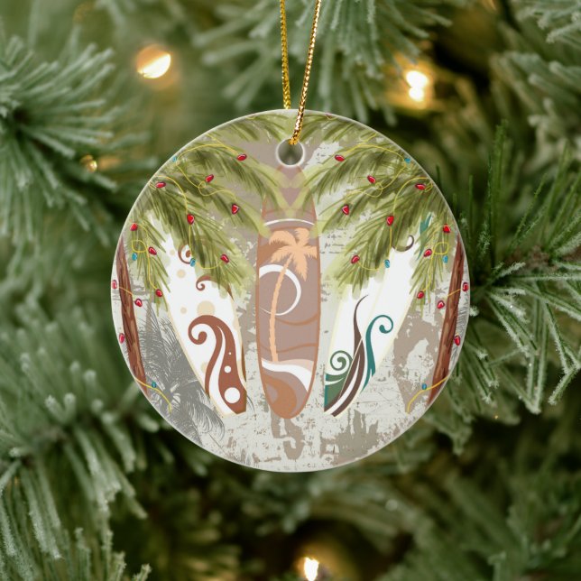Personalized Surfboards and Palm Trees Beach Ceramic Ornament (Tree)