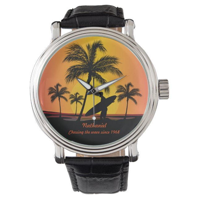 Personalized Surfer at sunset Birth year Watch (Front)