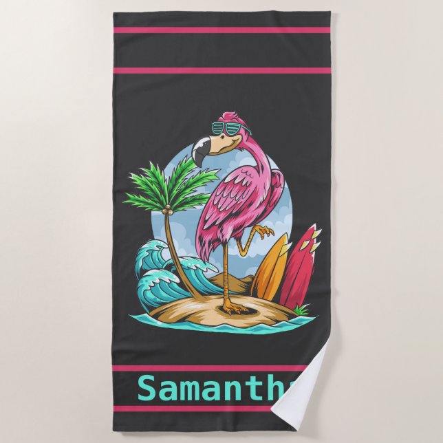Personalized Surfing Flamingo  Beach Towel (Front)