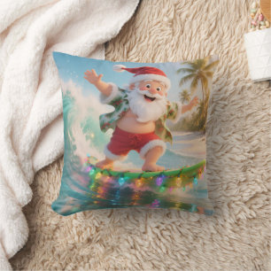 Personalized Surfing Santa Tropical Christmas Throw Pillow