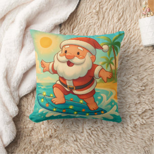 Personalized Surfing Santa Tropical Christmas Throw Pillow