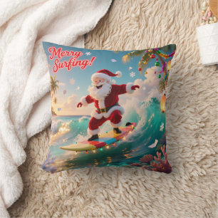 Personalized Surfing Santa Tropical Christmas Throw Pillow