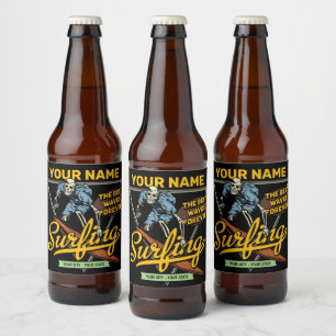 Personalized Surfing Skeleton Ride Waves Surfer Beer Bottle Label