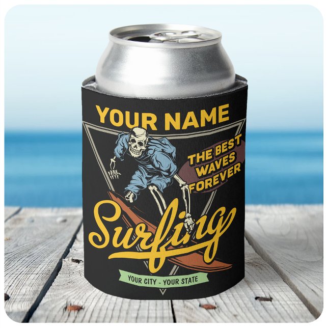 Personalized Surfing Skeleton Ride Waves Surfer  Can Cooler (Creator Uploaded)