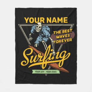 Personalized Surfing Skeleton Ride Waves Surfer Fleece Blanket