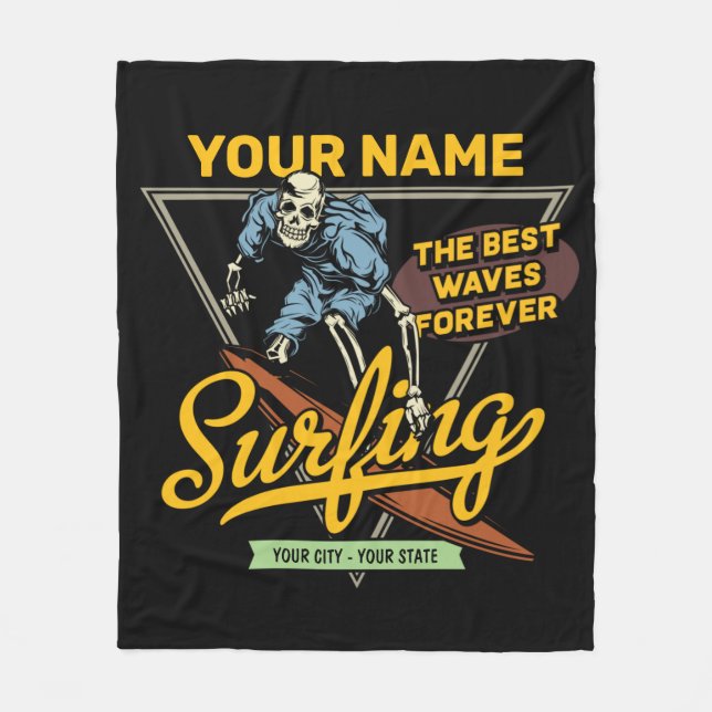 Personalized Surfing Skeleton Ride Waves Surfer Fleece Blanket (Front)