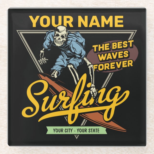 Personalized Surfing Skeleton Ride Waves Surfer  Glass Coaster (Front)