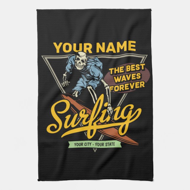 Personalized Surfing Skeleton Ride Waves Surfer  Kitchen Towel (Vertical)